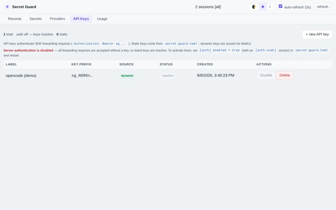 API Keys page: issue and manage forward-path authentication keys