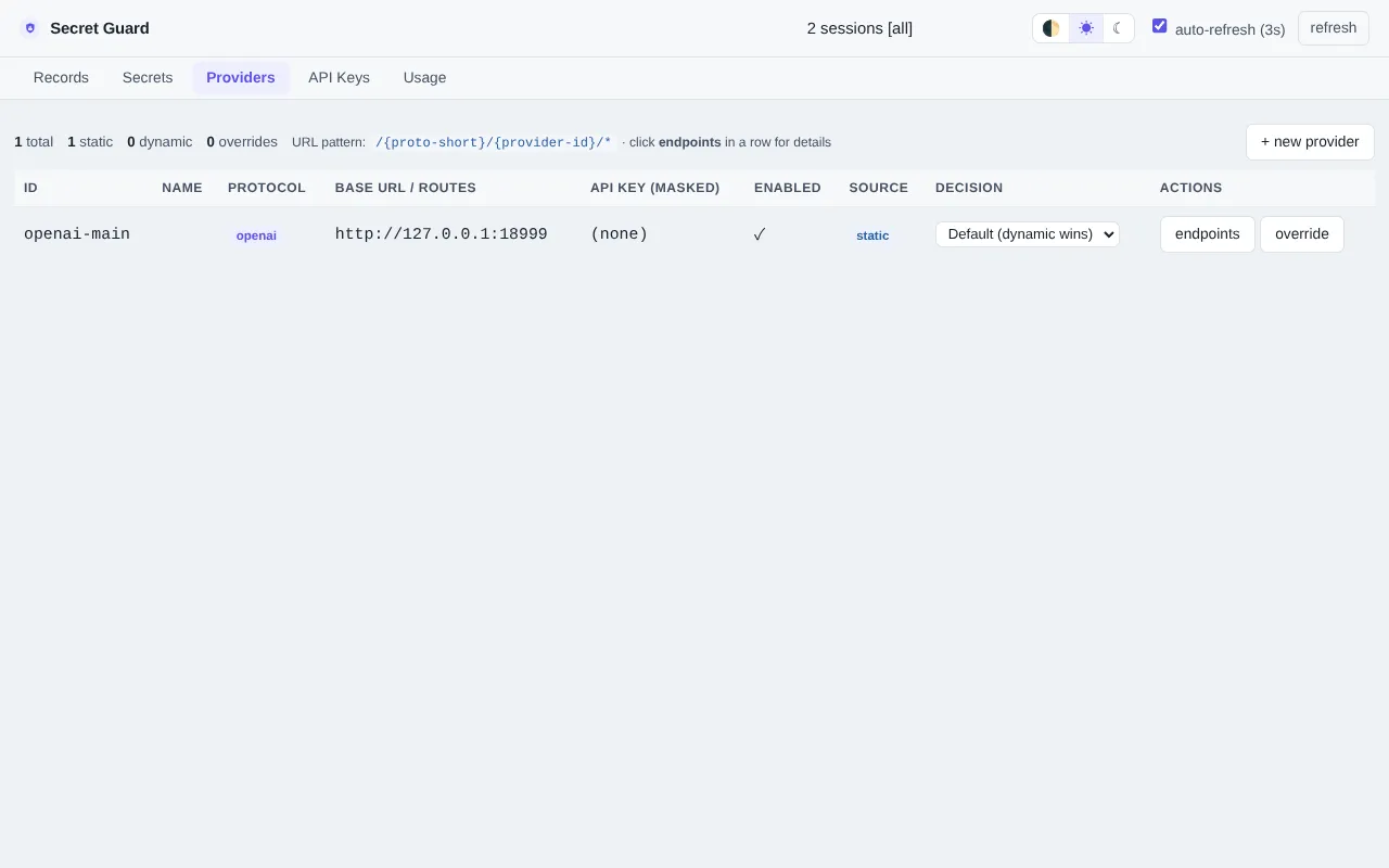 Providers page: the Provider registry with Direct / Router constructions